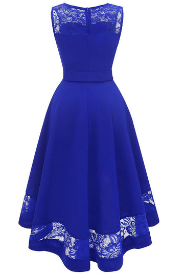 Vestido de renda azul alto e baixo com Bowknot